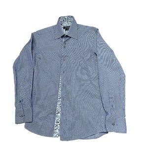 Marco Serussi Camicia Mens Dress Shirt Blue/Gray Strip Contrasting Collar & Flip